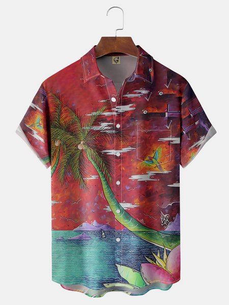 Coconut Tree Chest Pocket Short Sleeve Hawaiian Shirt, Red, Men Shirts