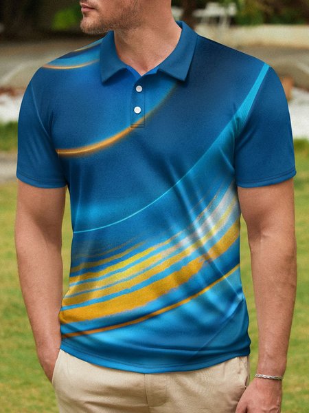 Ombre Abstract Geometric Button Short Sleeve Polo Shirt, Blue, Polo Shirts