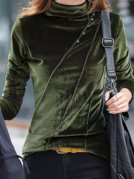 Casual Plain Half Turtleneck T-Shirt, Green, T-Shirts