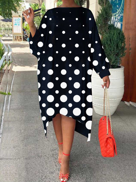Loose Crew Neck Long sleeve Urban Midi Dress, Black, Midi Dresses