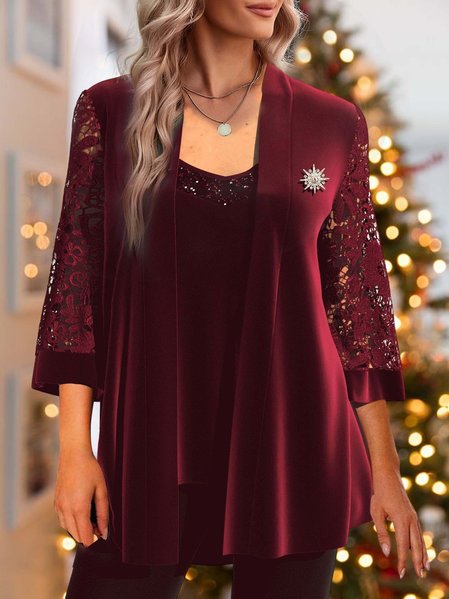 Crew Neck Velvet Loose Urban Two-Piece Set, Wine red, Suit Set
