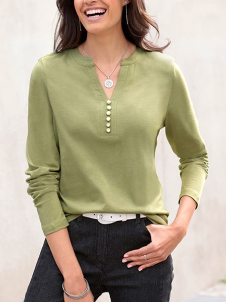 V Neck Loose Casual Plain T-Shirt, Green, T-Shirts