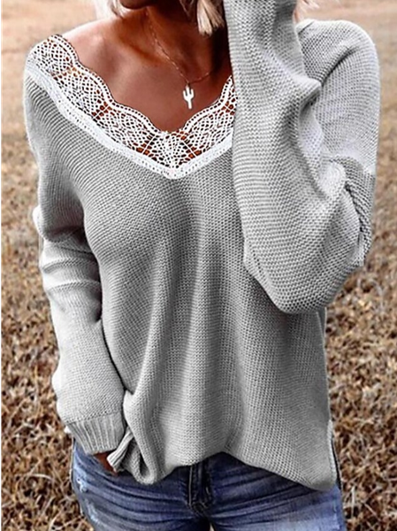 Lace Casual Loose Yarn/Wool Yarn Sweater, Gray, Sweaters & Cardigans