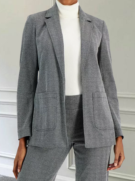 Lapel Collar Plain Loose Casual Blazer, Silver gray, Outerwear