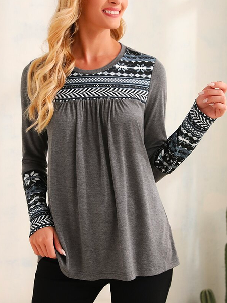 Geo Print Crew Neck Geometric Boho T-Shirt, Gray, Tunics
