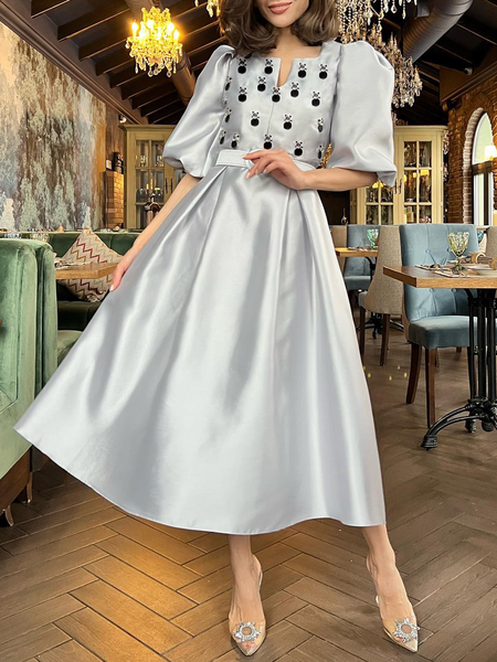Elegant Satin Light Gray Dress & Party Dress, Maxi Dresses