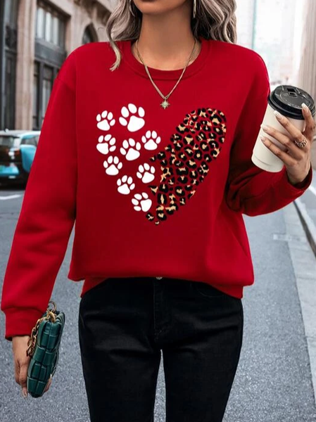 Crew Neck Leopard Casual Sweatshirt, Red, Hoodies & Sweatshirts