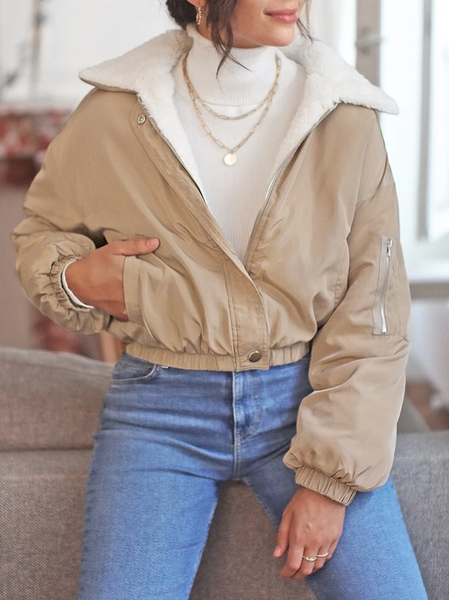 Plain Casual Shawl Collar Loose Jacket, Khaki, Clothing