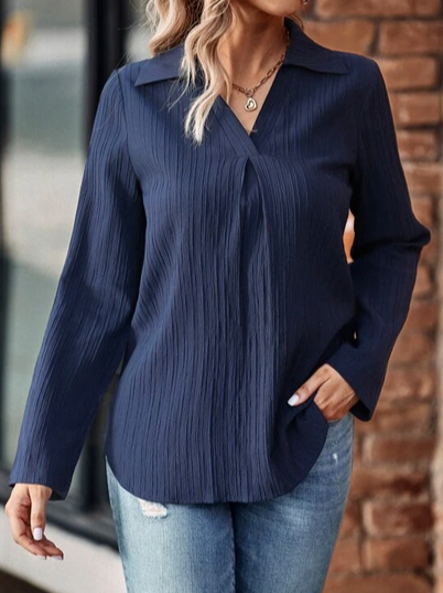 Loose Cotton-Blend V Neck Casual Blouse, Blue, Shirts & Blouses