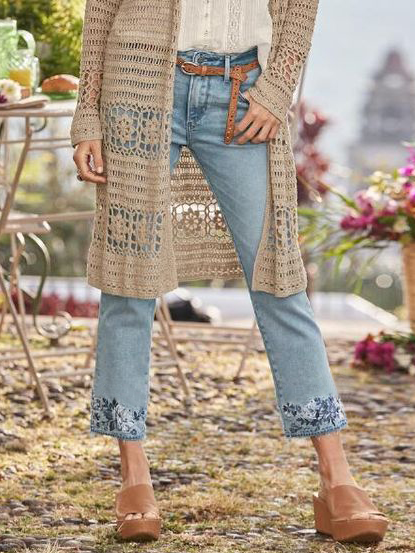 Floral Denim Regular Fit Casual Jeans, Blue, Pants