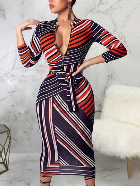 Striped Stand Collar Elegant Tight Long Sleeve Midi Dress, Multicolor, Midi Dresses
Striped Stand Collar Elegant Tight Long Sleeve Midi Dress, Multicolor, Midi Dresses