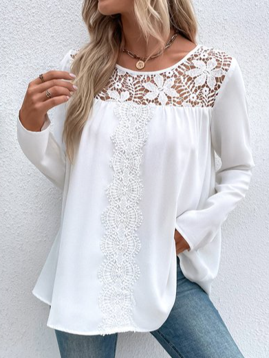 Loose Plain Crew Neck Casual Top, White, Tunics