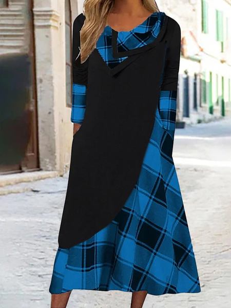 Loose Plaid Casual Crew Neck Dress, Blue, Midi Dresses