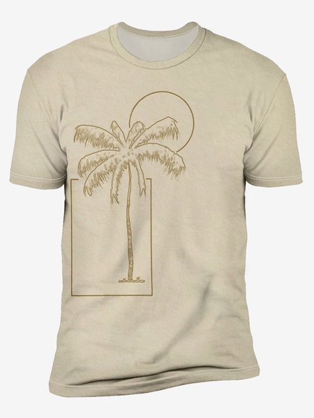 Coconut Tree Crew Neck Casual T-Shirt, Khaki, Men's t-shirts