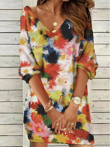 Loose V Neck Boho Dress, Multicolor, Mini Dresses