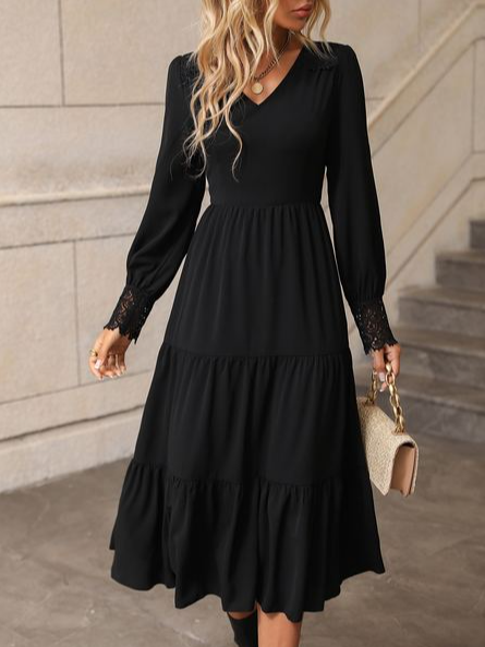 V Neck Casual Regular Fit Plain Dress, Black, Dresses