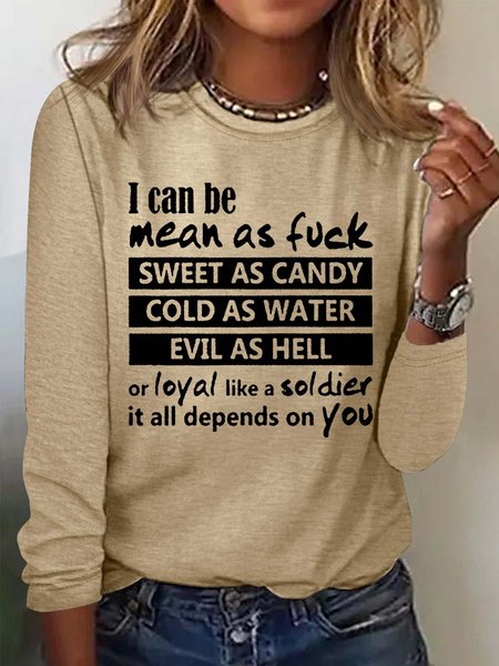 Women's Funny I Can Be Mean As Fck Casual Crew Neck Letters Top, Apricot, Long sleeves
Women's Funny I Can Be Mean As Fck Casual Crew Neck Letters Top, Apricot, Long sleeves