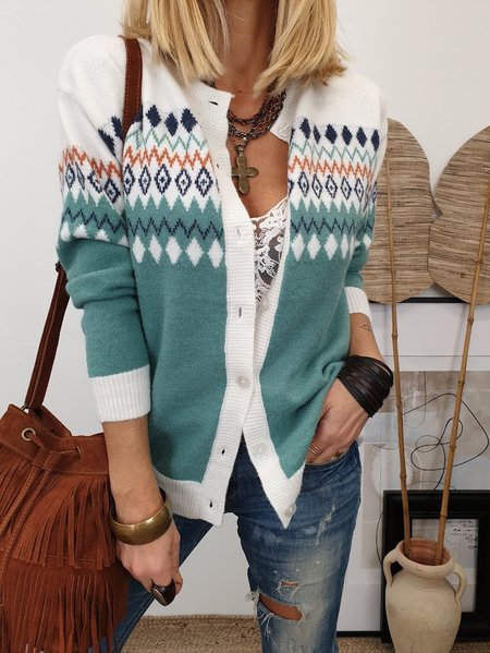 Crew Neck Loose Geometric Casual Sweater Coat, Multicolor, Cardigans