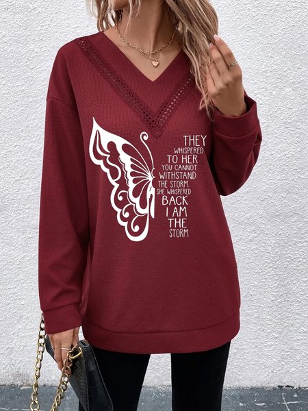 Loose Casual V Neck Text Letters Butterfly Sweatshirt, Red, Hoodies & Sweatshirts