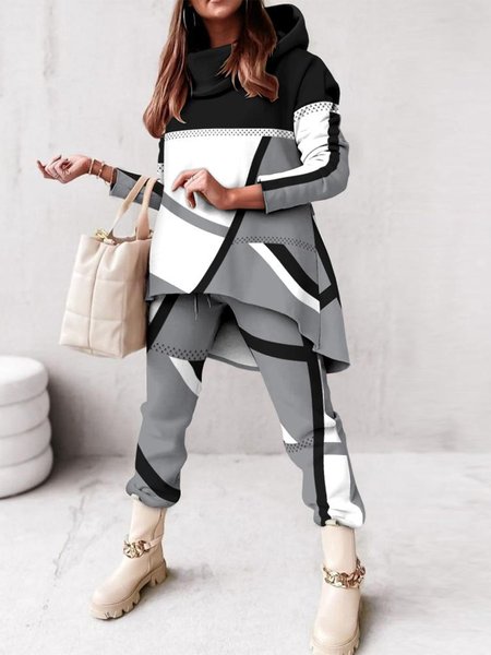 Hoodie Color Block Casual Two-Piece Set, Multicolor, Clothing
