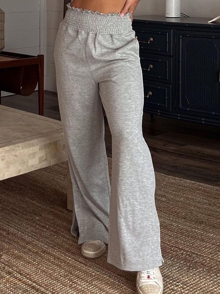 Grey Smocked Waist Casual Pocketed Side Slits Pants, Gray, Pants