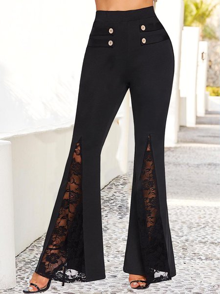 Lace Panel High Waist Bell Bottom Pants, Black, Pants