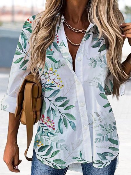 Casual Shirt Collar Cotton-Blend Blouse, Multicolor, Blouses & Shirts