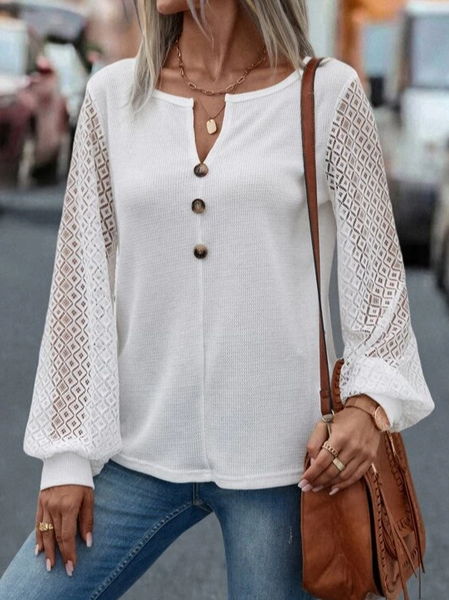 Loose Casual Plain V Neck Top, White, Tops