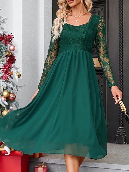 Lace Square Neck Long Sleeves Elegant A-line Chiffon Midi Dress, Green, Midi Dresses