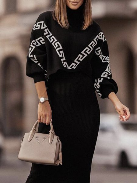 Regular Fit Geometric Long sleeve Elegant Sweater, Black, Pullovers