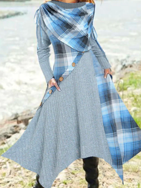 Crew Neck Loose Boho Color Block Dress, Blue, Dresses
