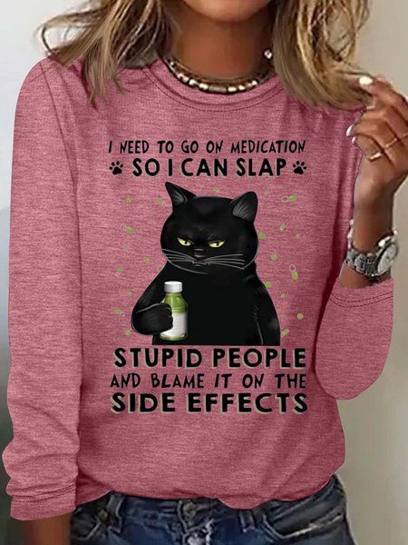 Women's I Need To Go Cat Casual Top, Rose red, Long sleeves