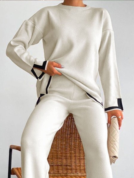 Simple Crew Neck Color Block Loose Sweater, Off white, Pullovers