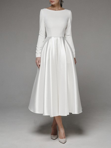 Regular Fit Elegant Crew Neck Long sleeve Party Dress, White, Midi Dresses