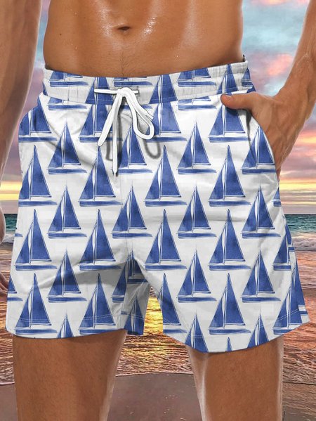 Sailing Doat Drawstring Beach Shorts, Blue, Men's shorts