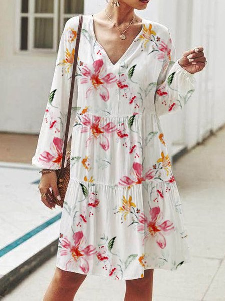 Vacation Loose Floral V Neck Dress, White, Dresses