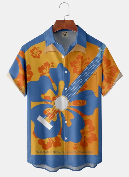 Music Floral Guitar Chest Pocket Short Sleeve Hawaiian Shirt, Blue, Men Shirts