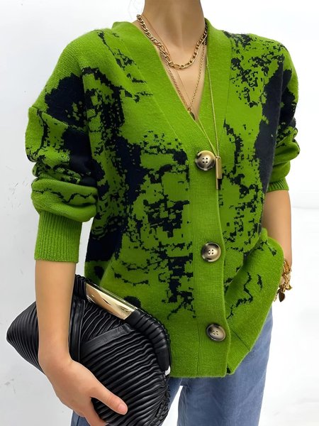 Abstract V Neck Urban Loose Sweater Coat, Green, Cardigans