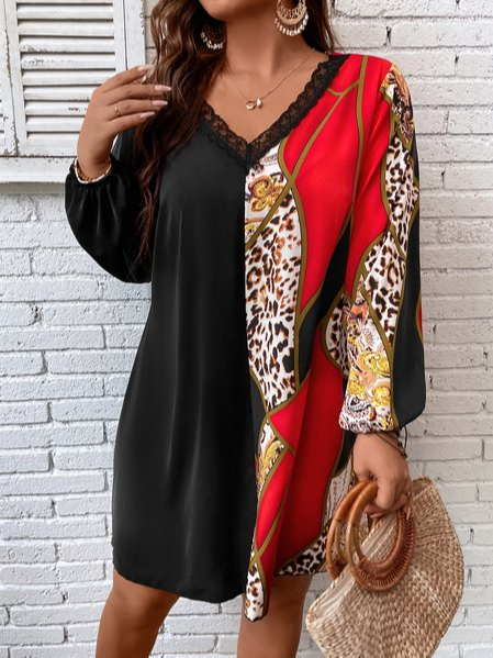 Lace Leopard Casual Loose Dress, Black, Dresses