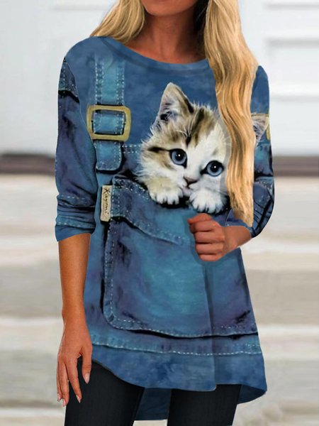 Regular Fit Animal Crew Neck Casual T-Shirt, Blue, T-Shirts