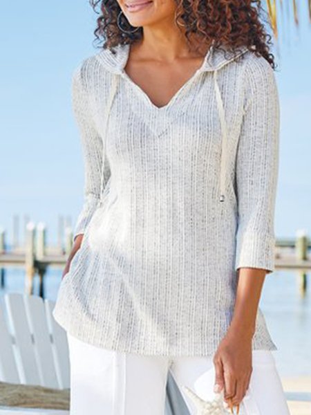 Casual Striped Polyester Cotton Hoodie Top, Light gray, Tops