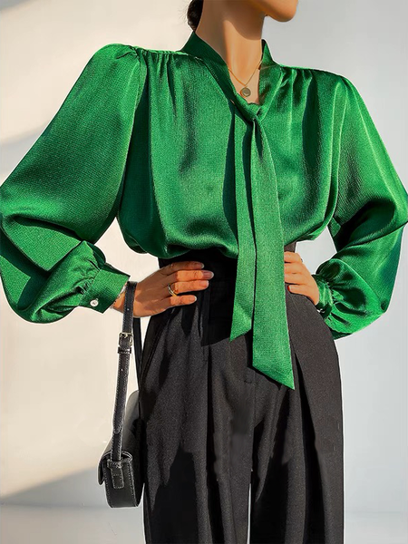 Stand Collar Elegant Regular Fit Satin Blouse, Green, Blouses and Shirts