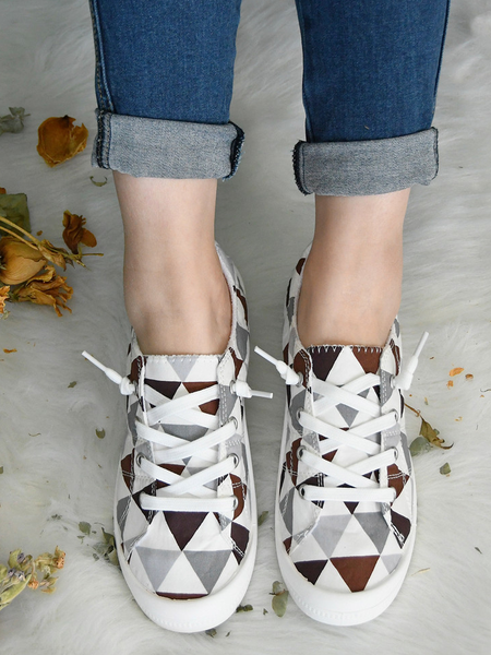 Striped Graphic-Print Denim Lace-Up Canvas Flats, Gray, Sneakers