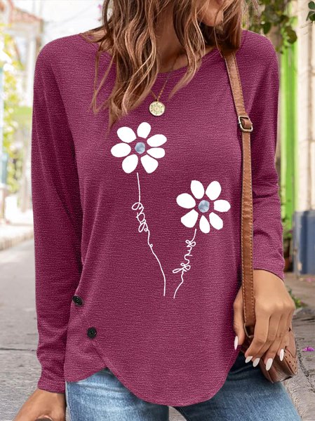 Women's Floral Simple Crew Neck Cotton-Blend Long Sleeve Top, Wine red, Long sleeves
Women's Floral Simple Crew Neck Cotton-Blend Long Sleeve Top, Wine red, Long sleeves