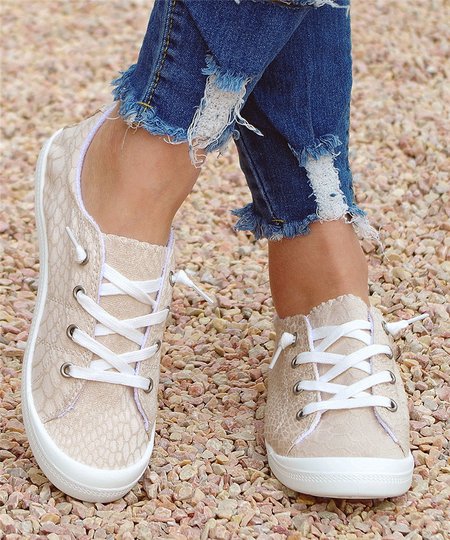 Snakeskin Graphic-Print Denim Lace-Up Canvas Flats, Beige, Sneakers