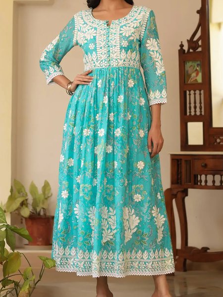 V Neck Floral Regular Fit Ethnic Dress, Green, Dresses