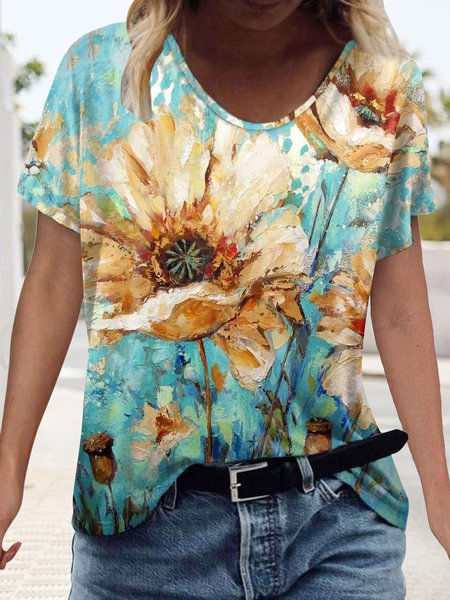 Floral Casual Loose V Neck T-Shirt, Cyan, Tops