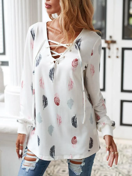 Loose Feather Pattern Casual Sweatshirt, White, Tunics