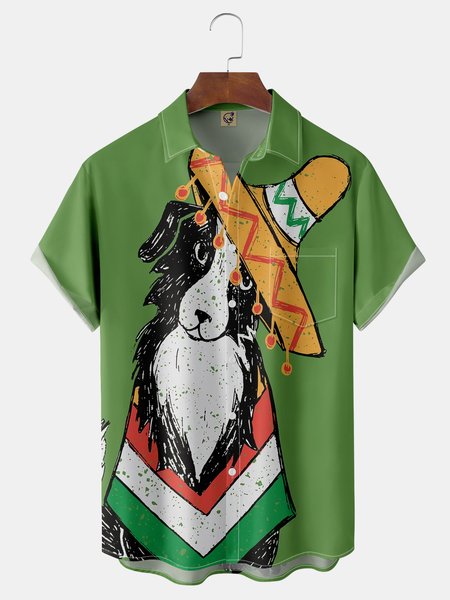 Dog Cinco De Mayo Chest Pocket Short Sleeve Shirt, Green, Men Shirts