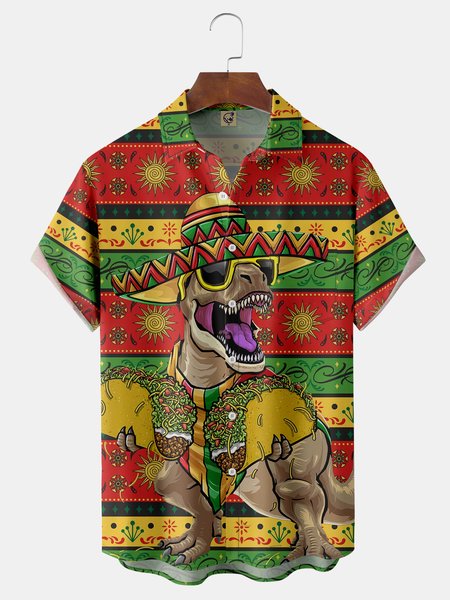 Dinosaur Cinco De Mayo Chest Pocket Short Sleeve Shirt, Yellow, Men Shirts